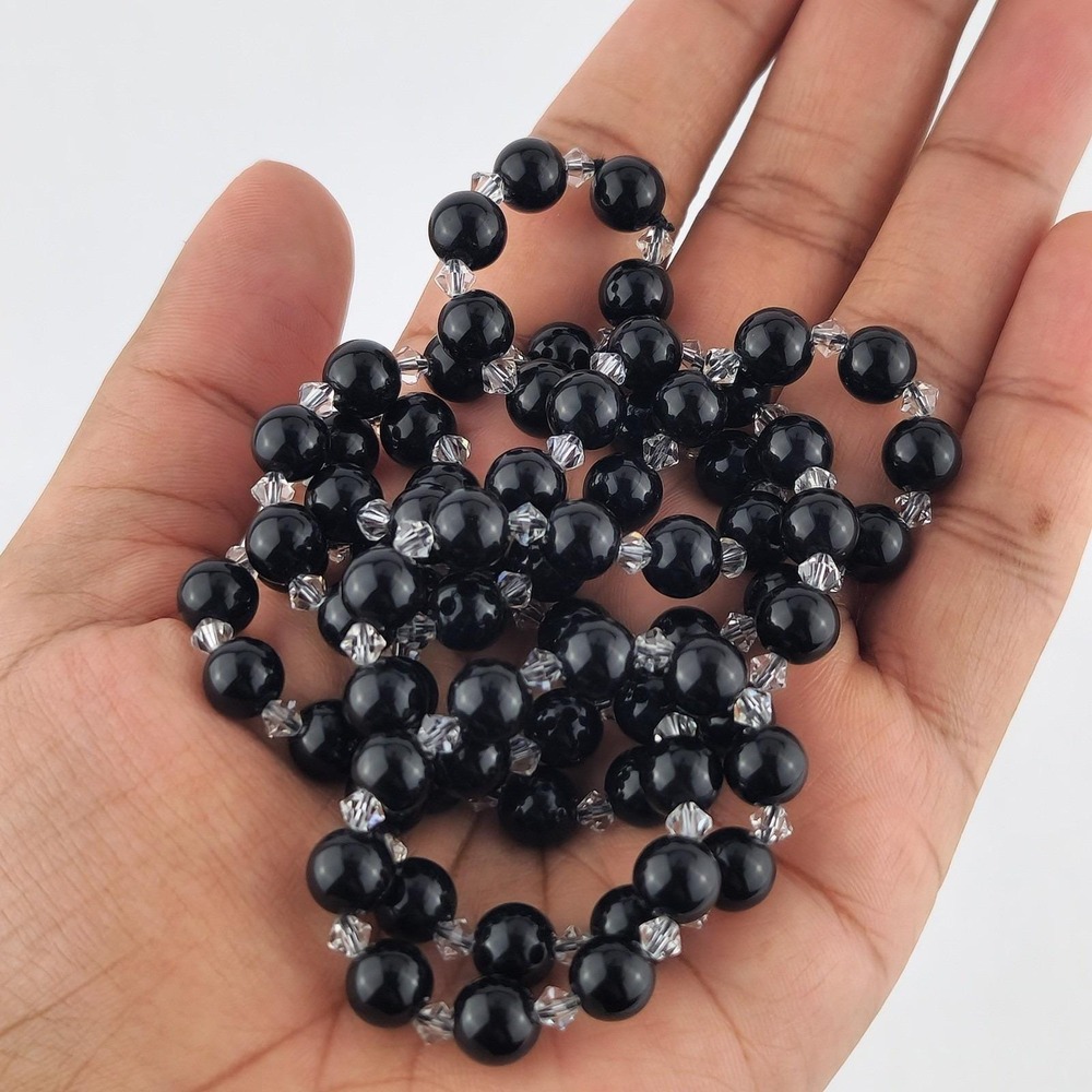 Vintage Black Bead Necklace Faceted Crystal Spacer Opera Length - Picture 8 of 9